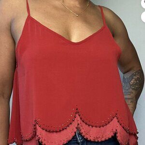 I Love H 81 Red Scalloped Layered Beaded Tank Size Medium